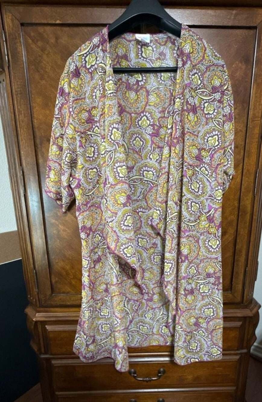 LuLaRoe Shirley Kimono Cardigan Size L Purple Yellow Pink Paisley Print